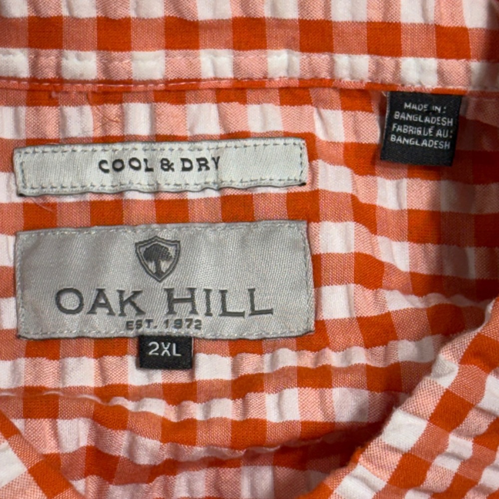 Oak Hill Men 2XL Short Sleeve Button Shirt Seersucker Gingham Check Orange White - Picture 4 of 8